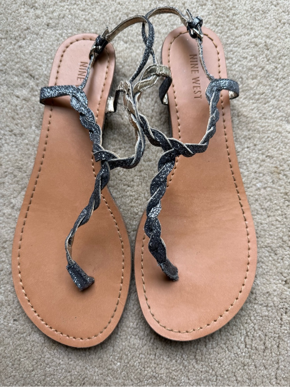 Vintage Nine West Women's Sparkly Black/Dark Gray Braided Thong Sandals